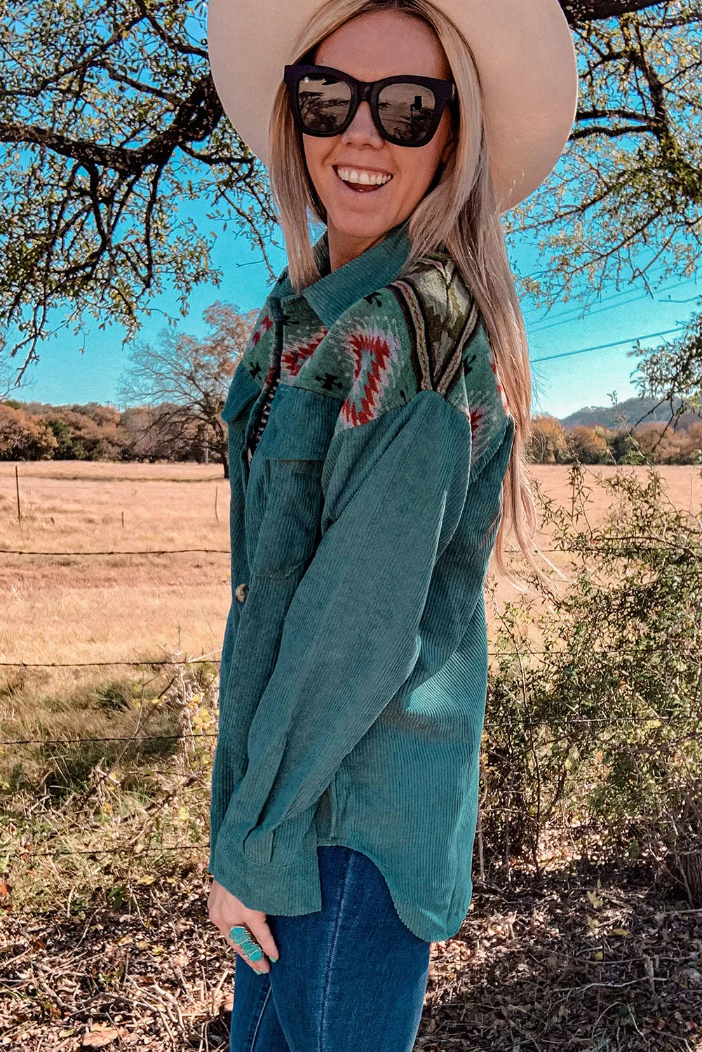 Aztec Color Block Corduroy Shacket Jacket