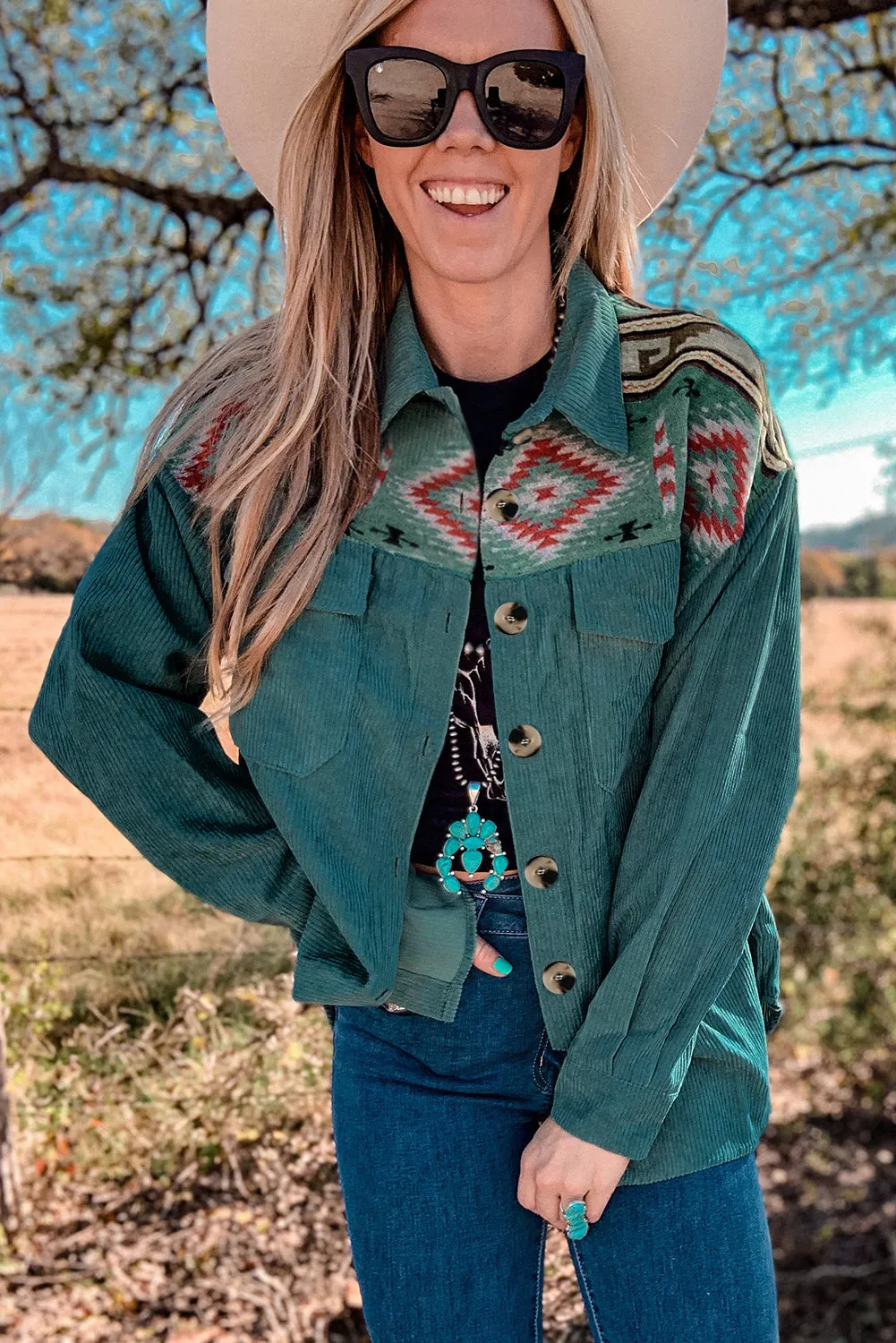 Aztec Color Block Corduroy Shacket Jacket