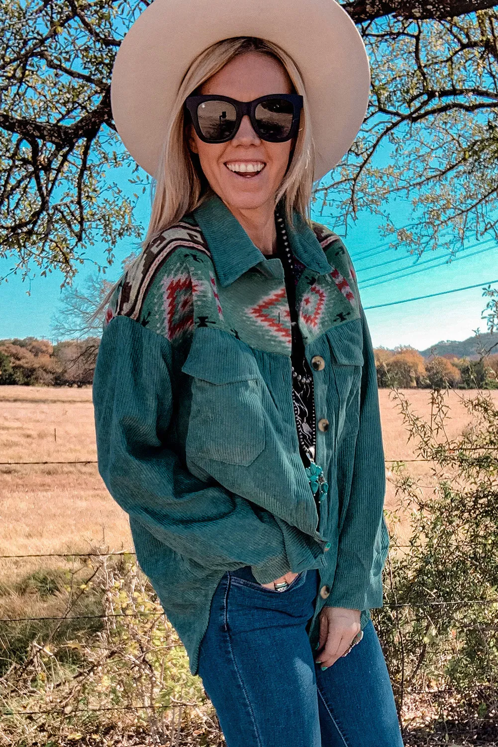 Aztec Color Block Corduroy Shacket Jacket