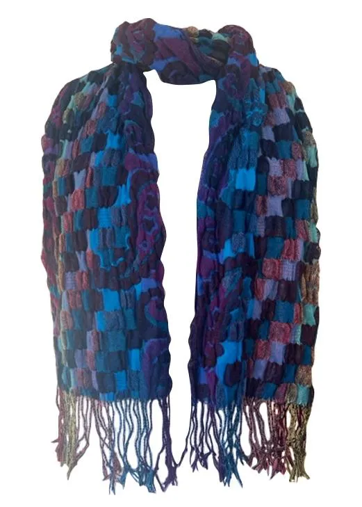 Blue Purple Textured  Squares Scarf