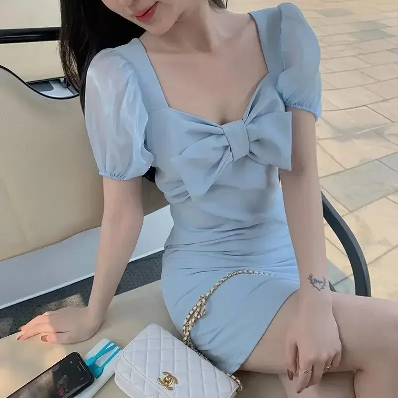Bodycon Sexy Mini Dress Women Korean Fashion Wrap Puff Sleeve Short Dresses Party Casual Summer Sundress Bow