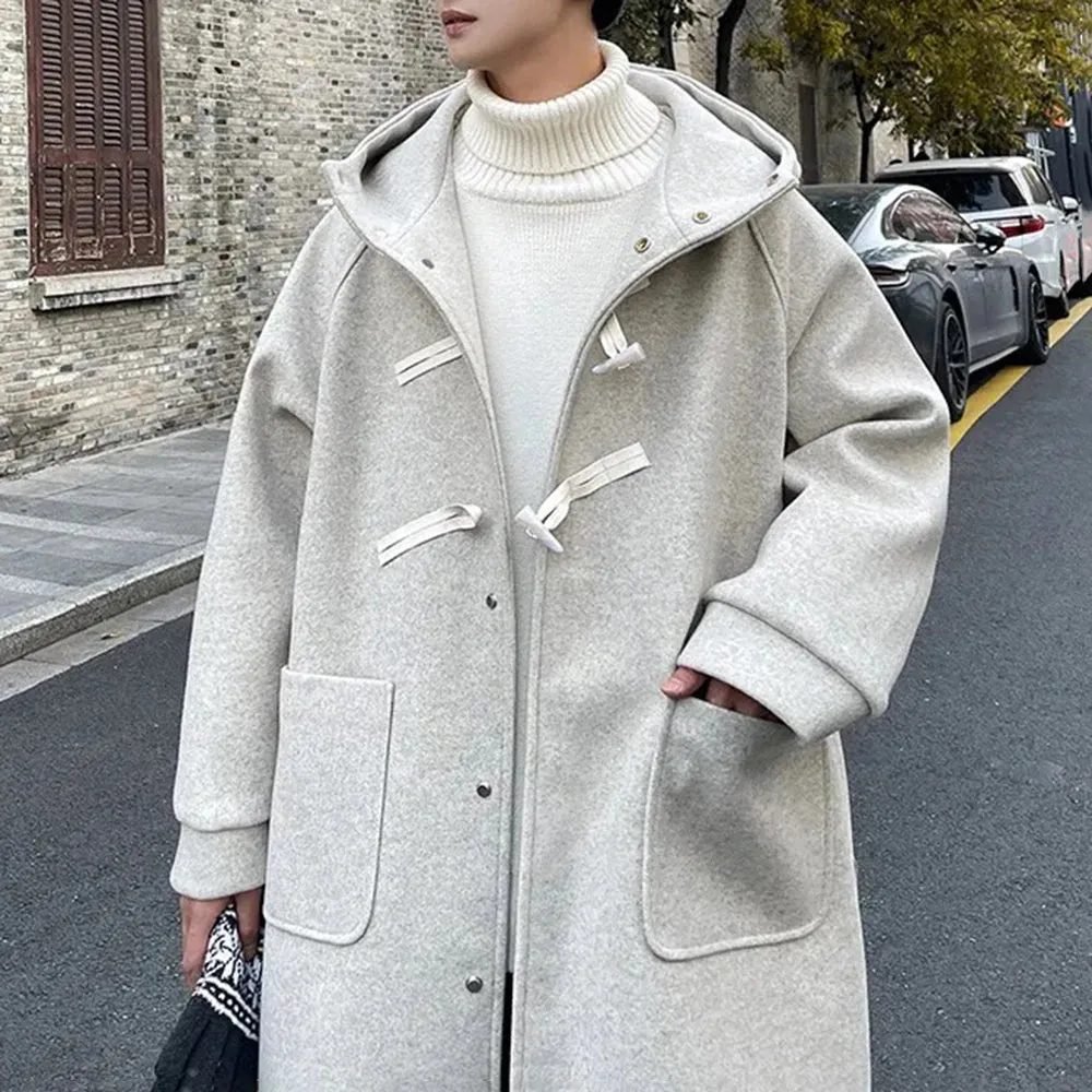 Bonsir Y2K Mens Jackets Hooded Cow Horn Buttoned Woolen Unisex Outfit Winter Casual Korean Trend Solid Color Trench Coat Men's Clothing