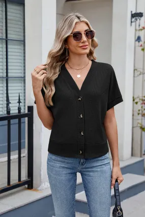 Button Short Sleeve Top Cardigan V-Neck