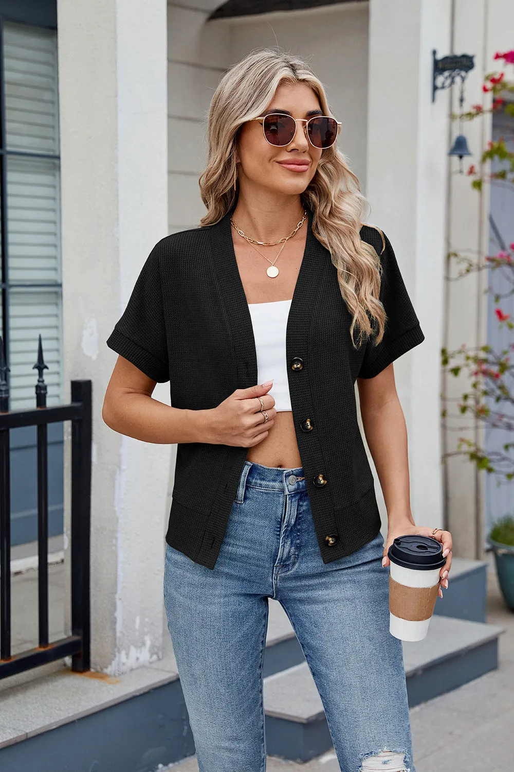 Button Short Sleeve Top Cardigan V-Neck