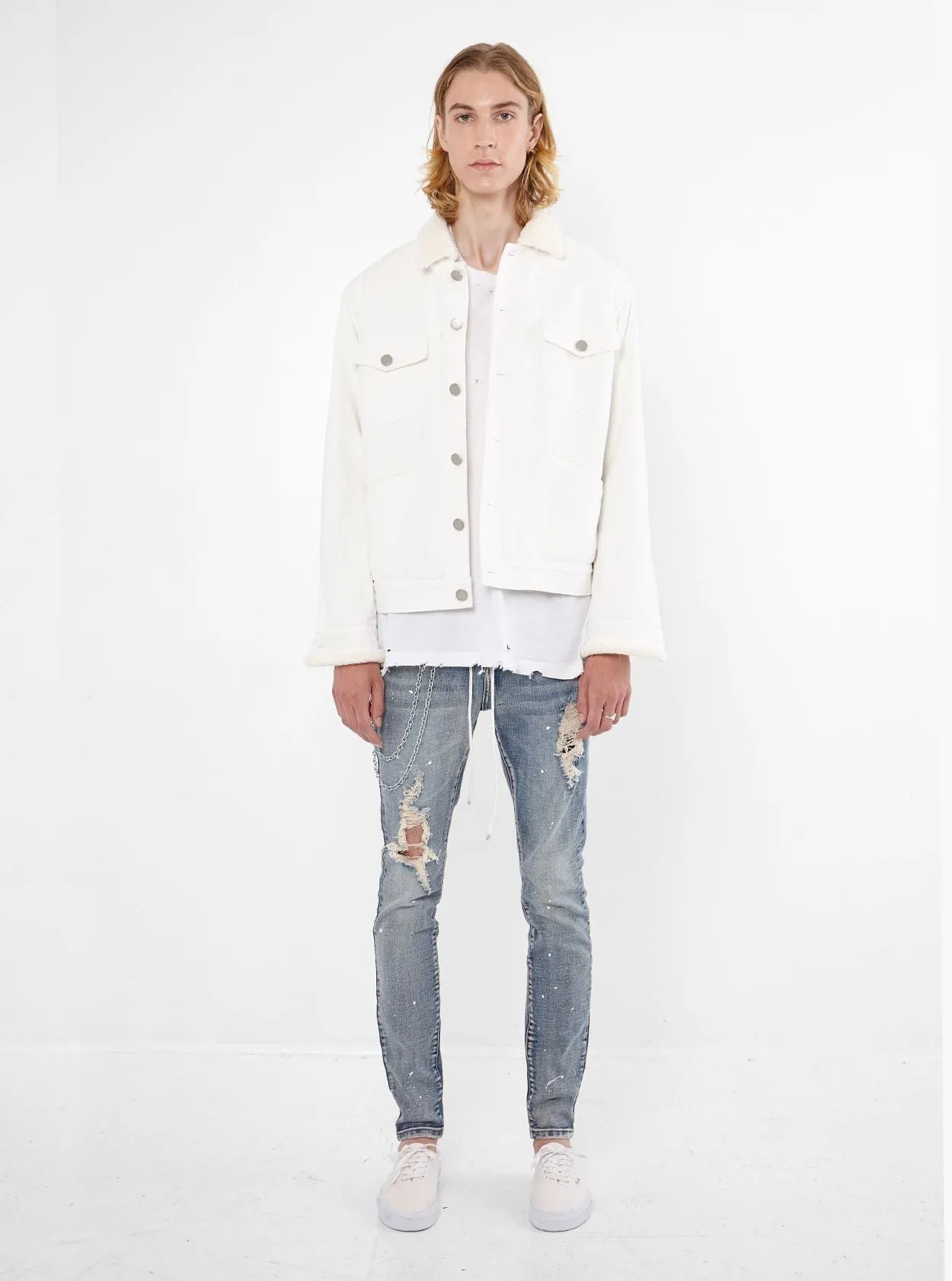 Caged Bird Shearling-Lined Denim Jacket in Off-White