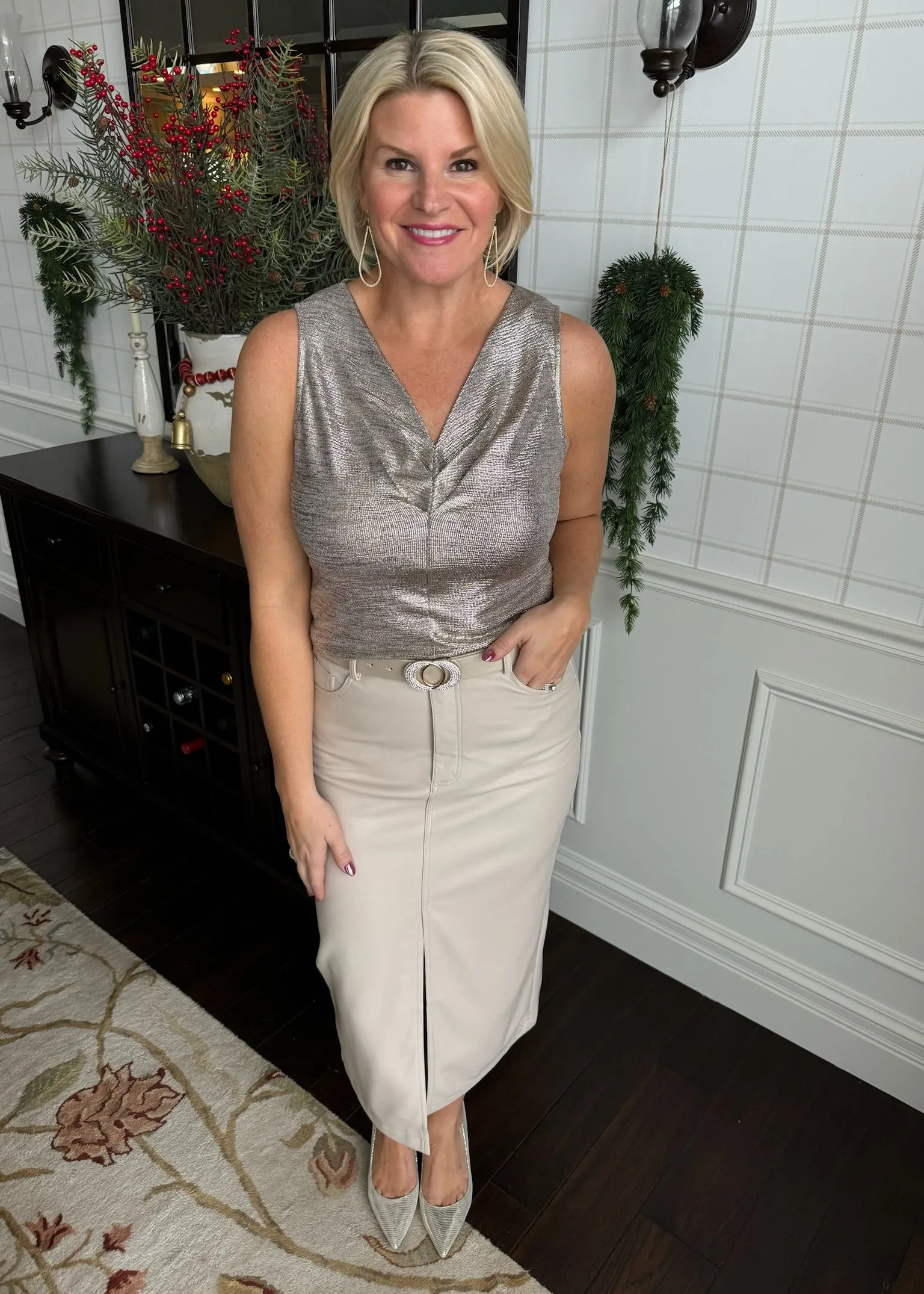Cream Beige Faux Leather Midi Skirt