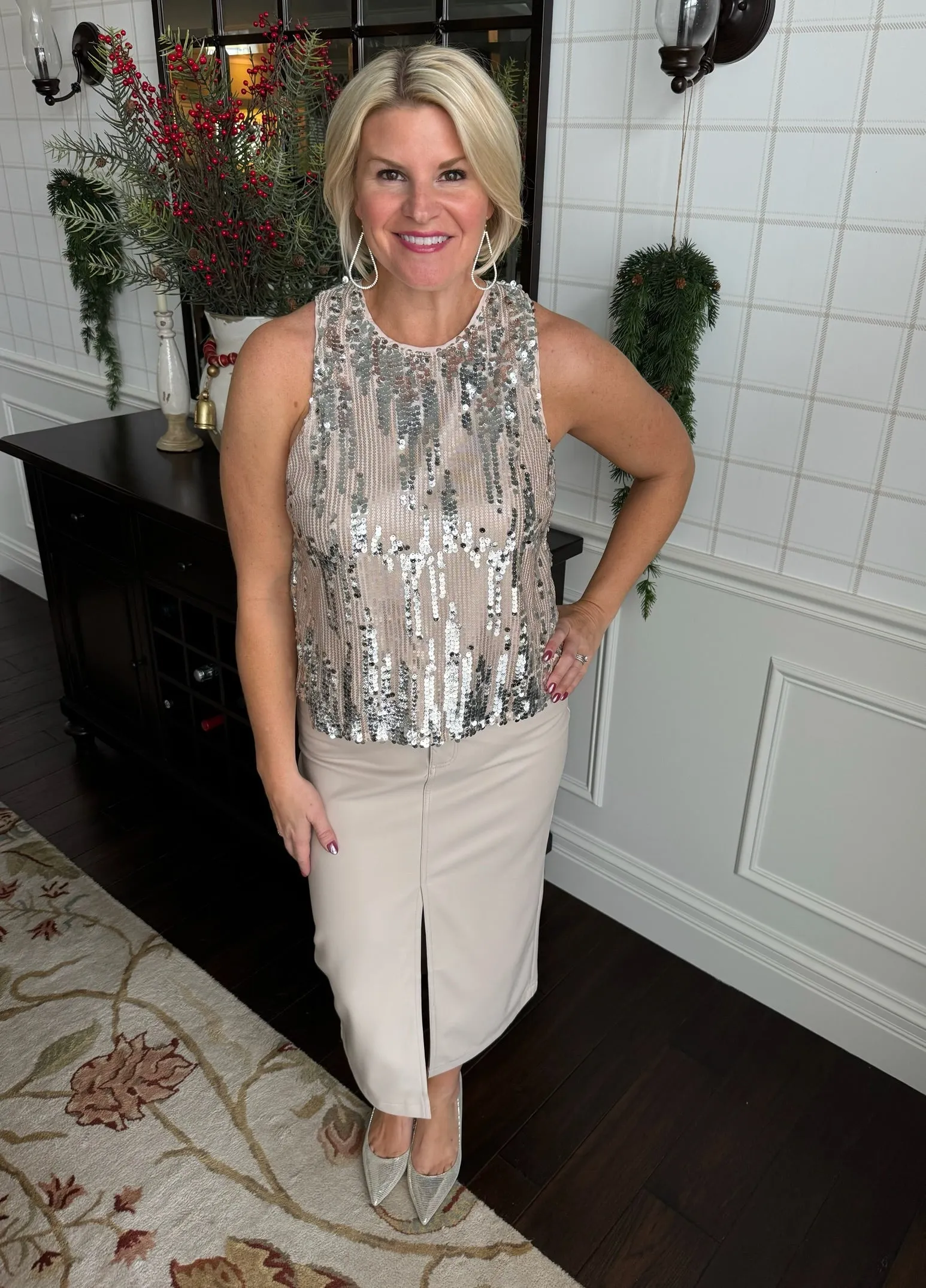 Cream Beige Faux Leather Midi Skirt