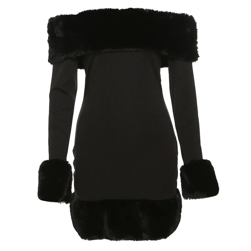 Fashionkova hipster dress to impress Style Autumn and Winter New Women's Clothing Fashion Fur Collar Long Sleeve off-Neck Elegant Slim Evening Dress Dress