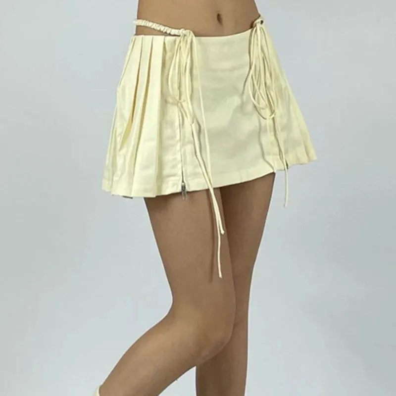 Fashionkova Women Y2K Mini Skirt Drawstring Low Waist Side Pleated Mini Skirt Kawaii Sweet 90s E-Girl Aesthetic Clothes Korean Fashion