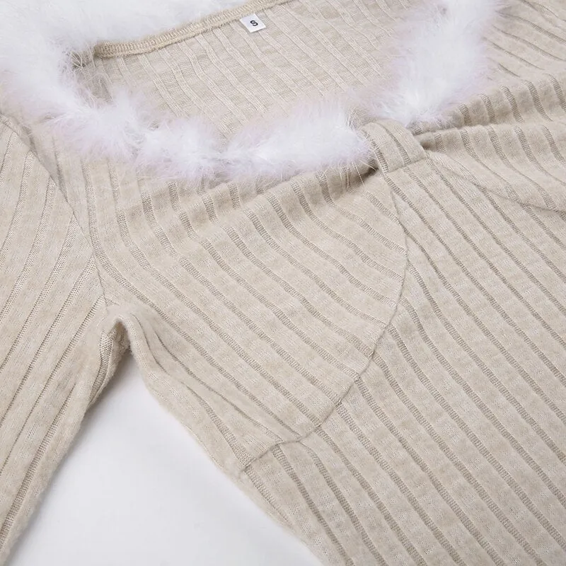 Fur Trim Knitted Slim Casual Long Dress