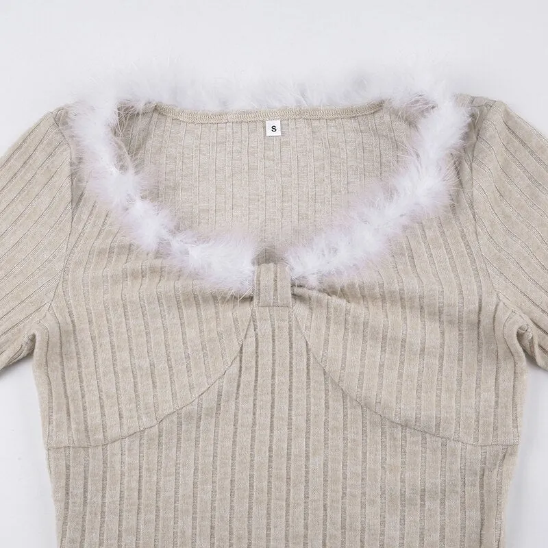 Fur Trim Knitted Slim Casual Long Dress