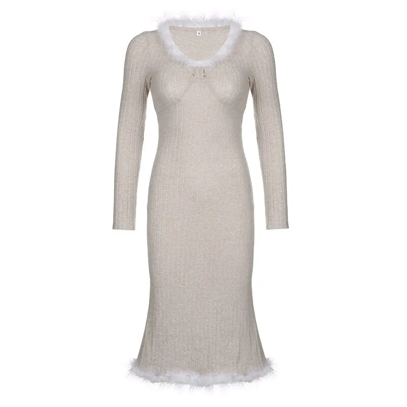 Fur Trim Knitted Slim Casual Long Dress