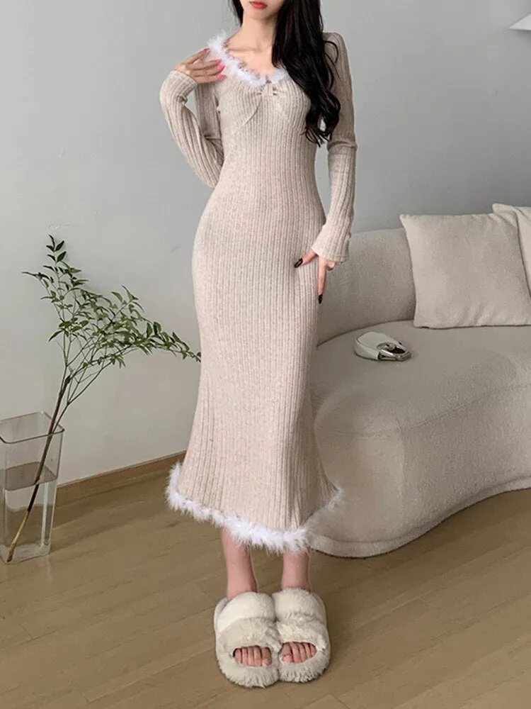 Fur Trim Knitted Slim Casual Long Dress