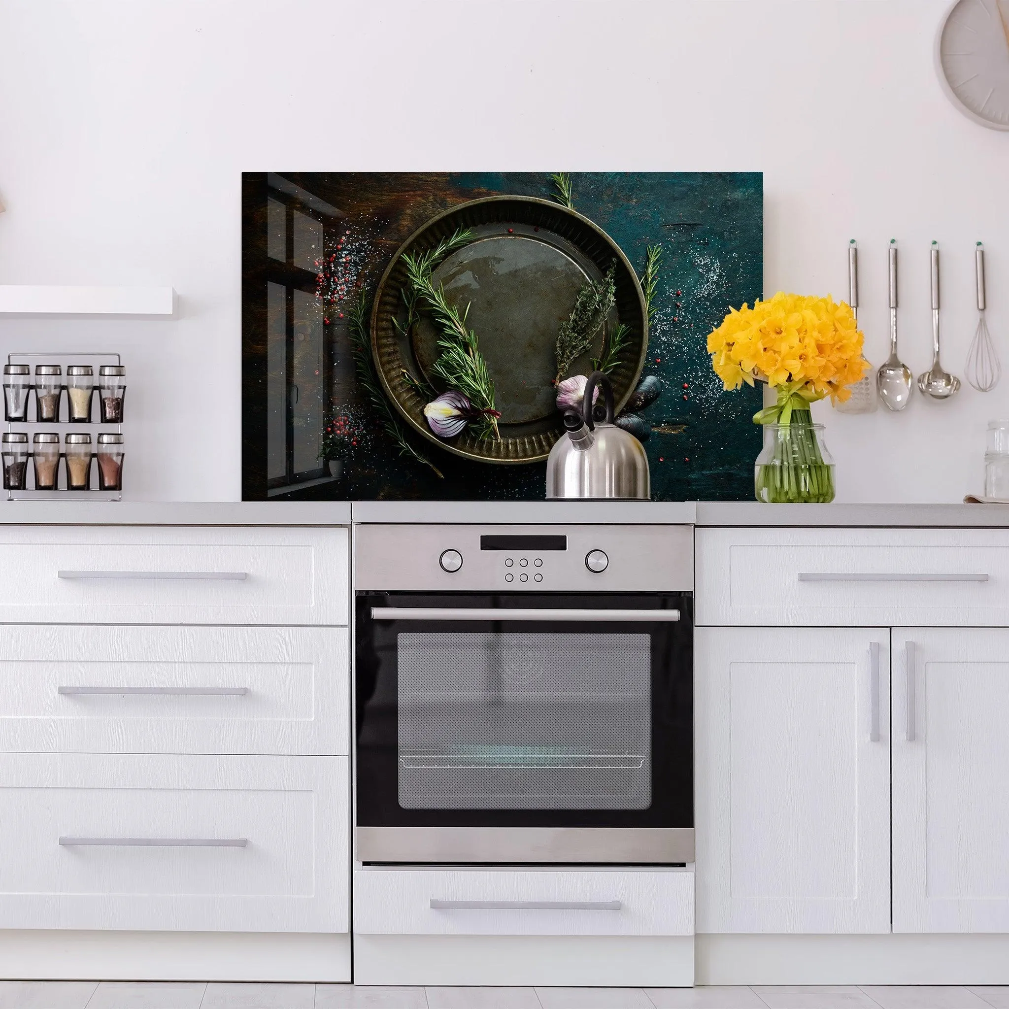 Garlic Onion Rosemary and Thyme | Glass Printed Backsplash for your Kitchen