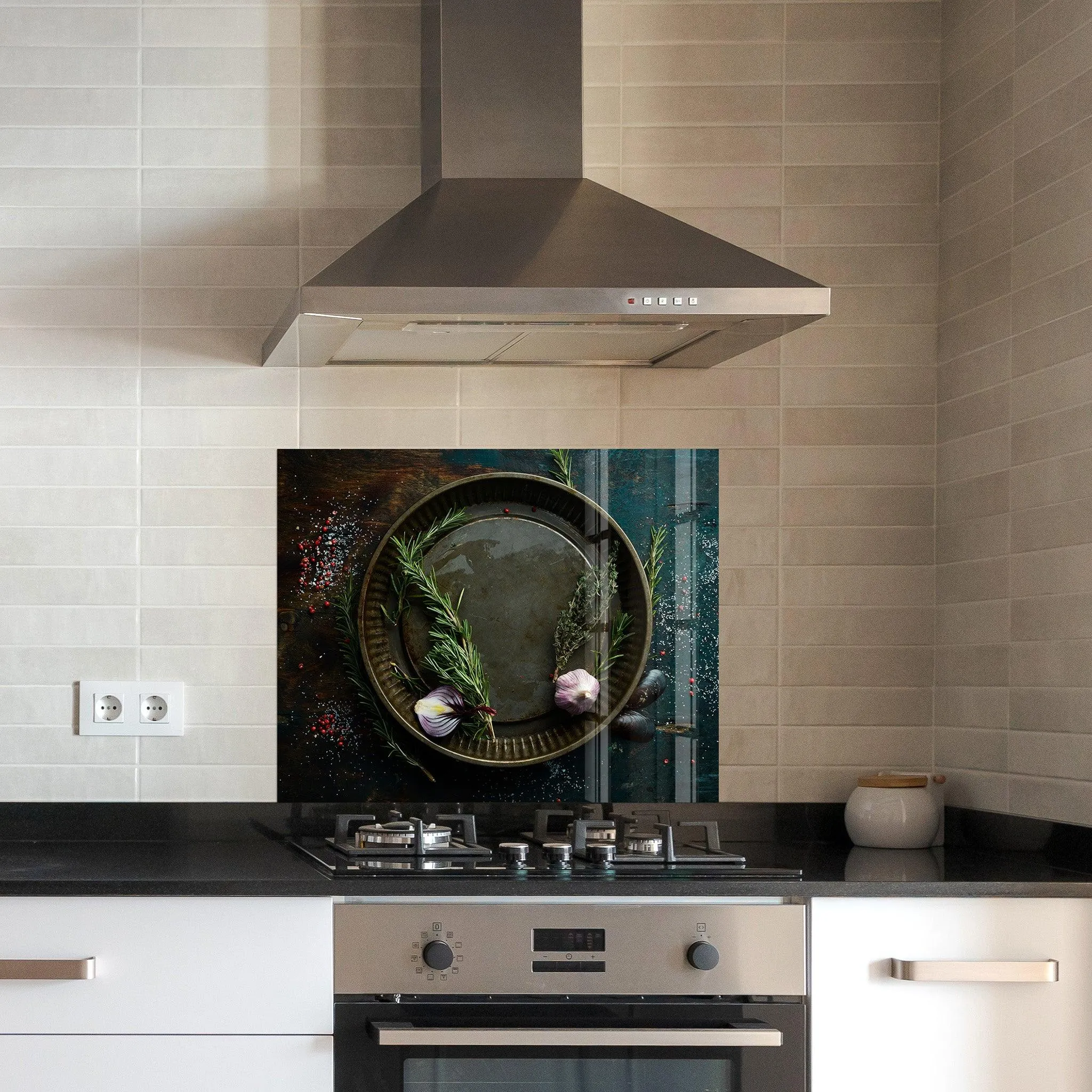 Garlic Onion Rosemary and Thyme | Glass Printed Backsplash for your Kitchen
