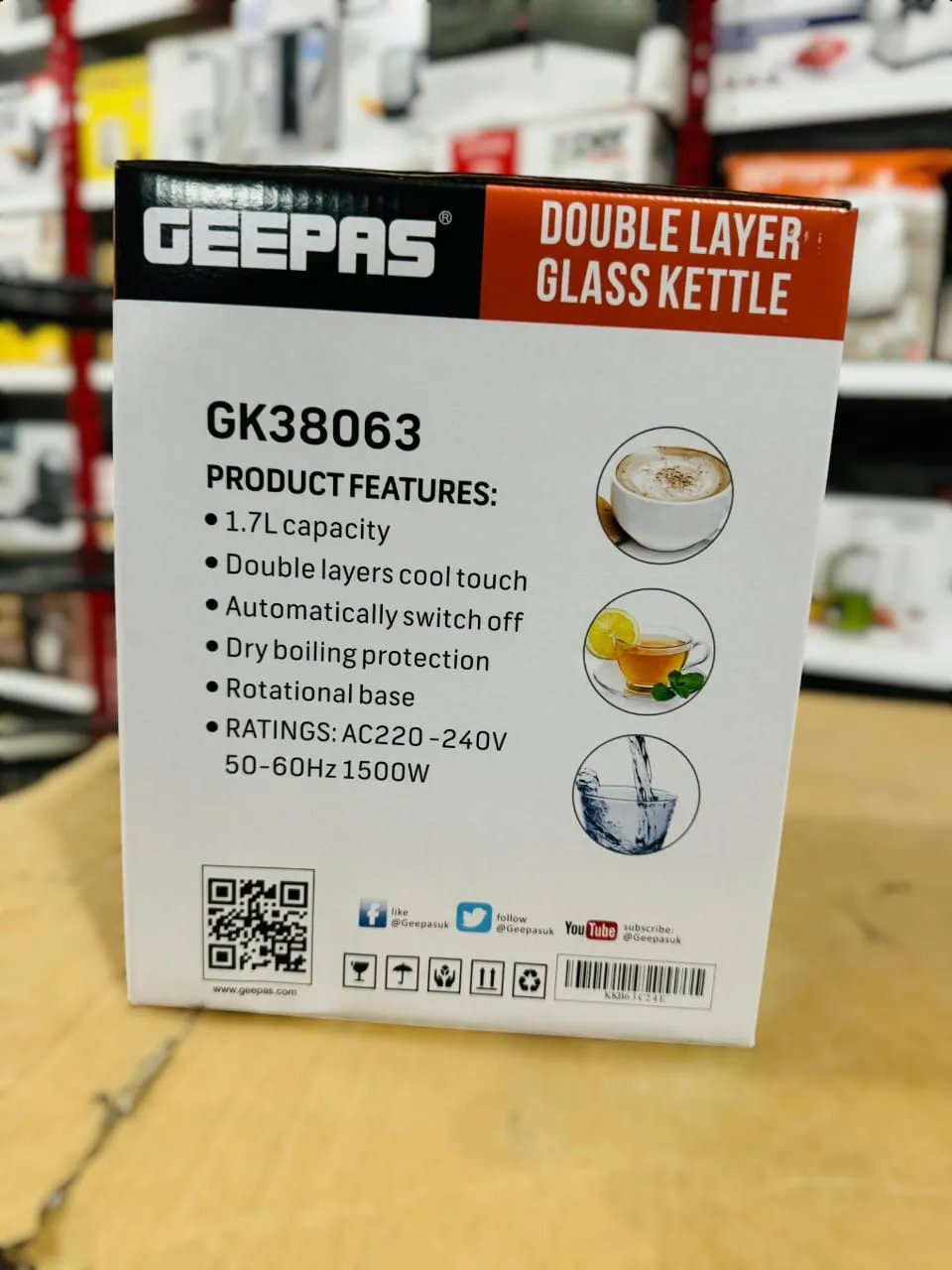 GEEPAS 1.7L Double Layer 1500W Glass Kettle-38063