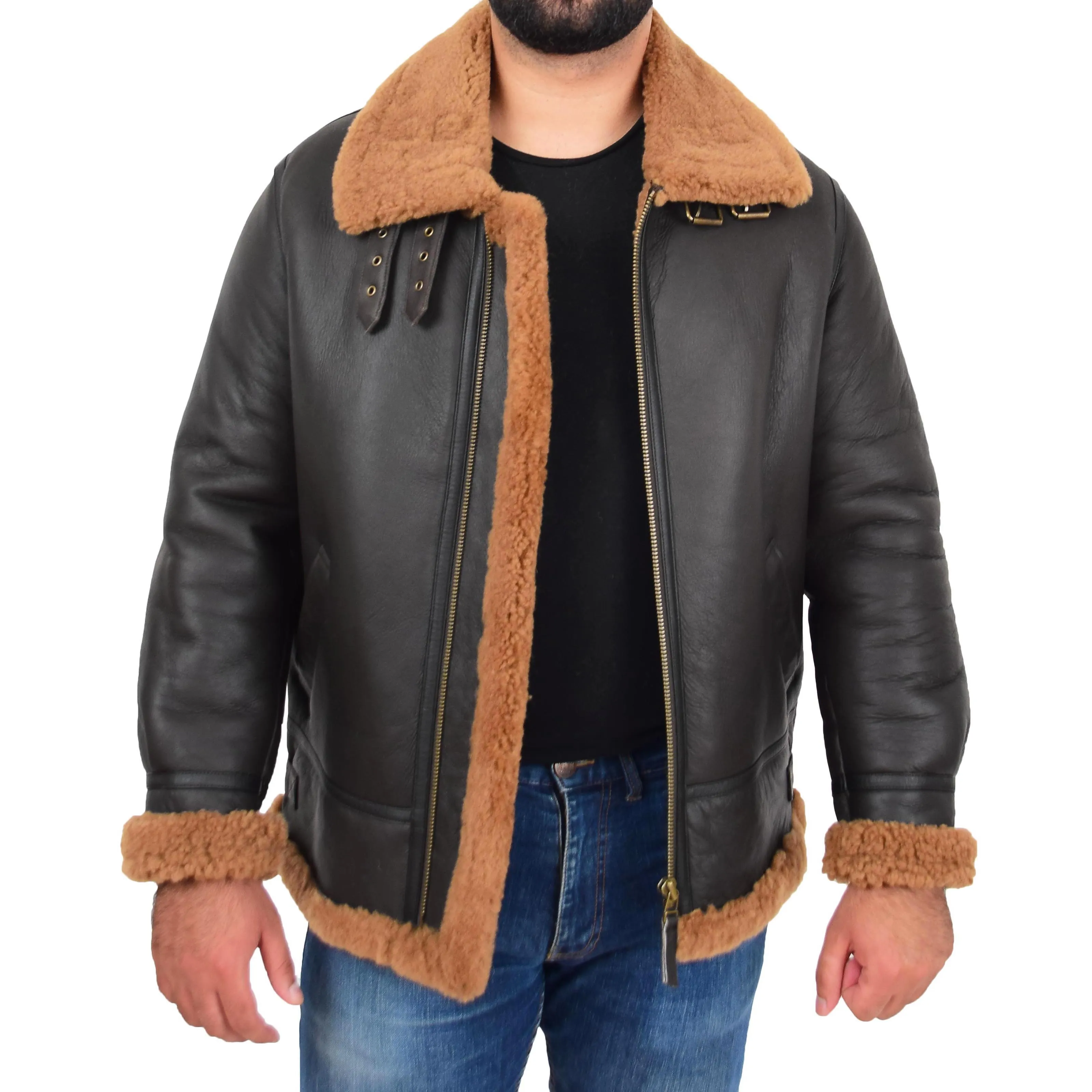 Genuine Sheepskin Flying Jacket For Men B3 Bomber Shearling Coat Thunder Brown/Ginger
