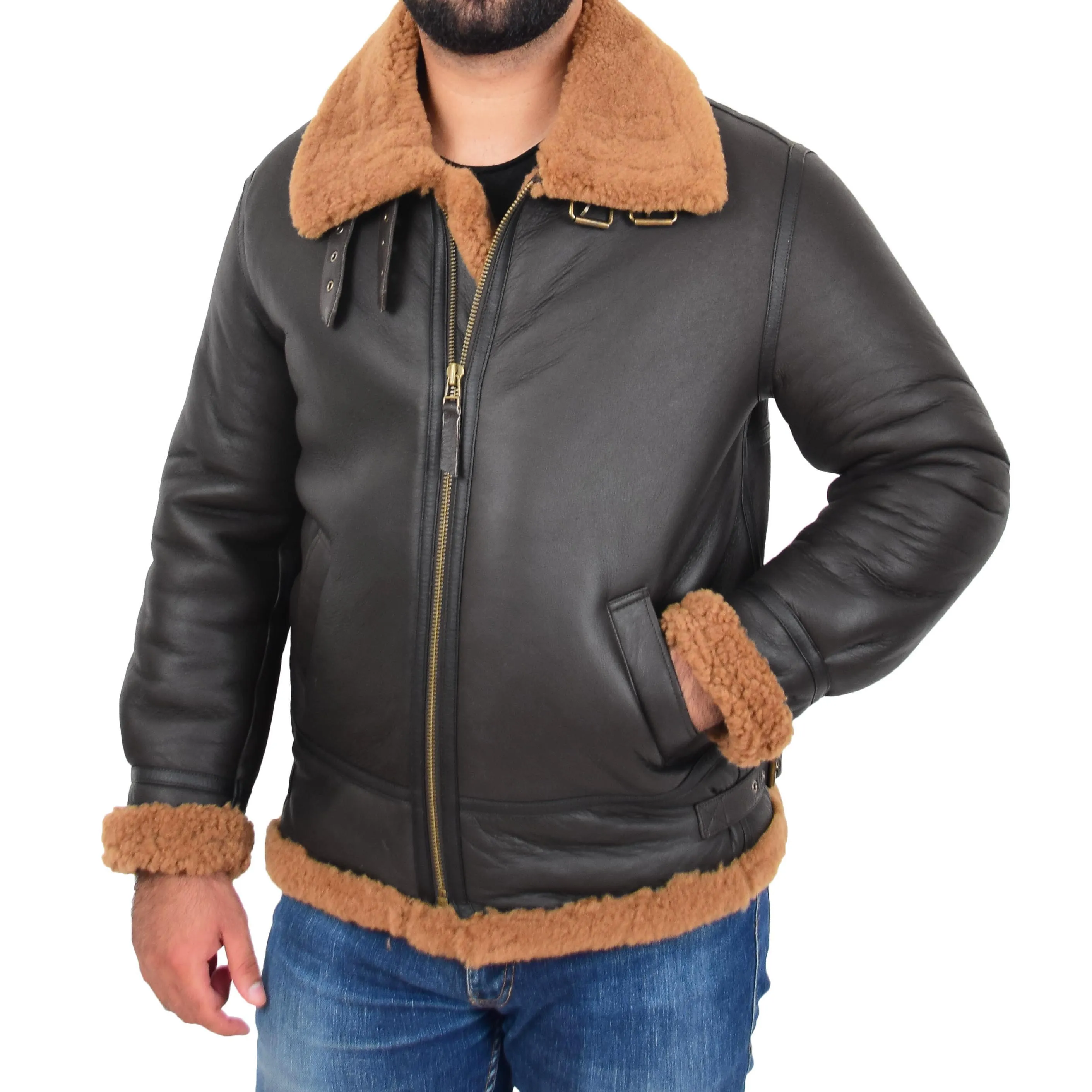 Genuine Sheepskin Flying Jacket For Men B3 Bomber Shearling Coat Thunder Brown/Ginger