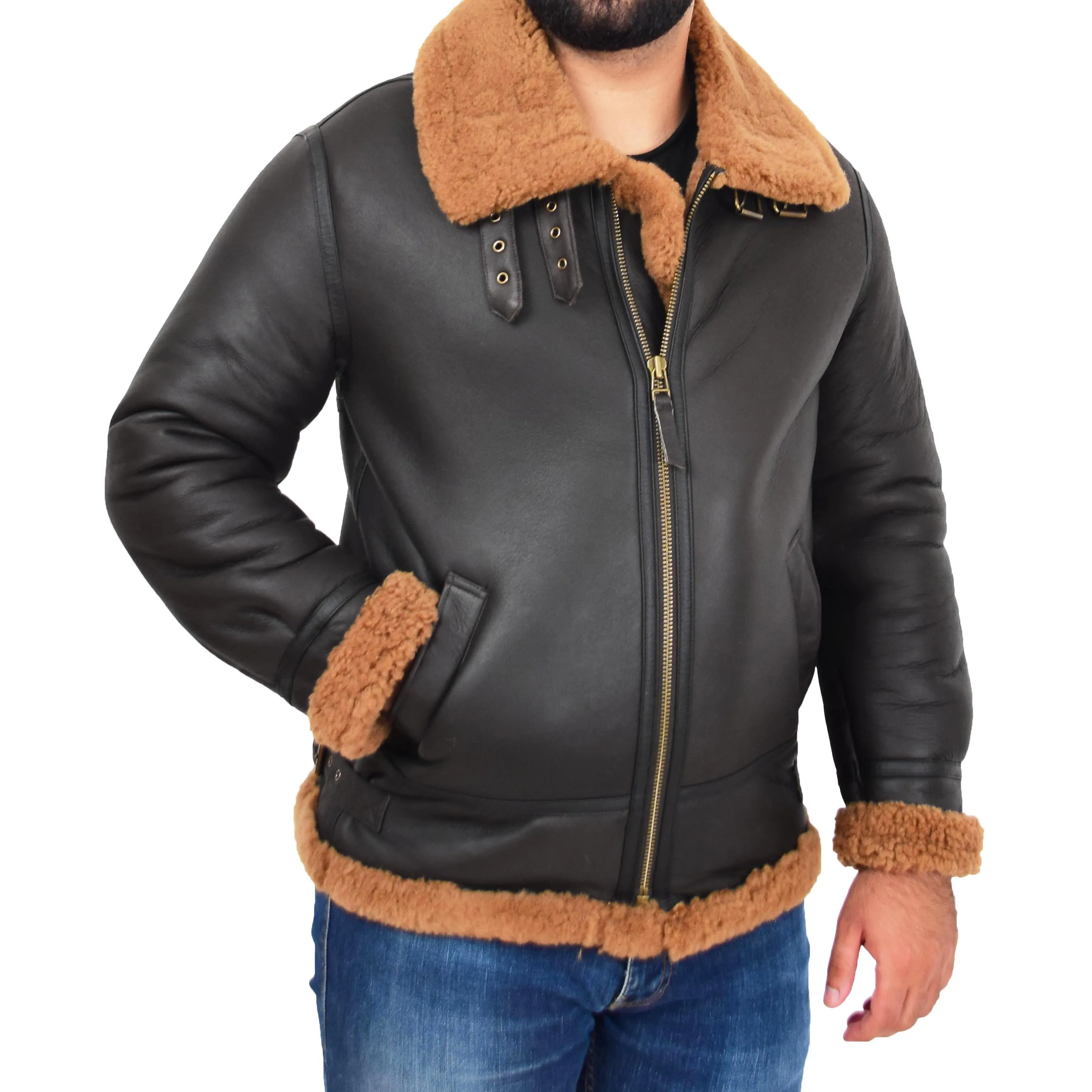 Genuine Sheepskin Flying Jacket For Men B3 Bomber Shearling Coat Thunder Brown/Ginger