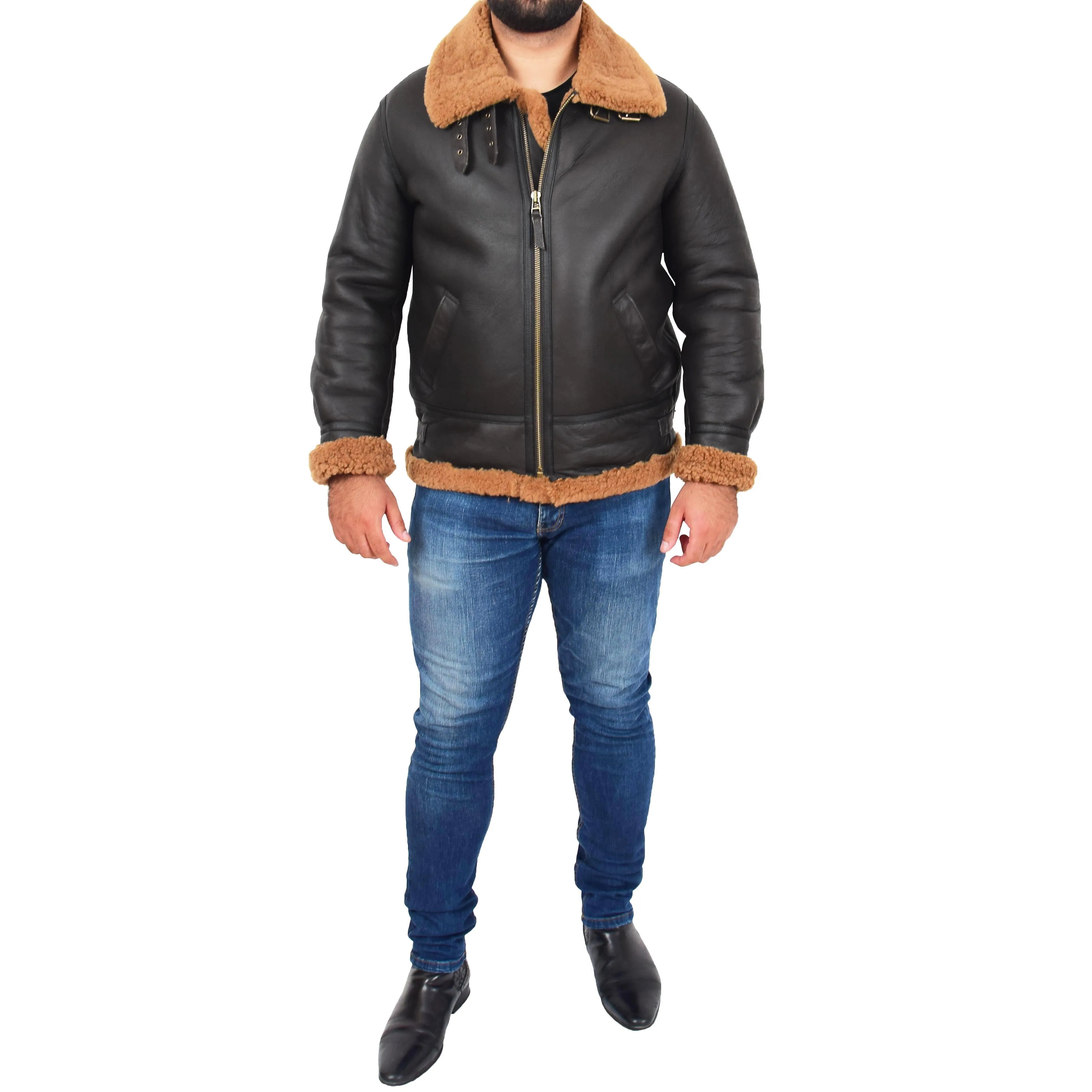 Genuine Sheepskin Flying Jacket For Men B3 Bomber Shearling Coat Thunder Brown/Ginger