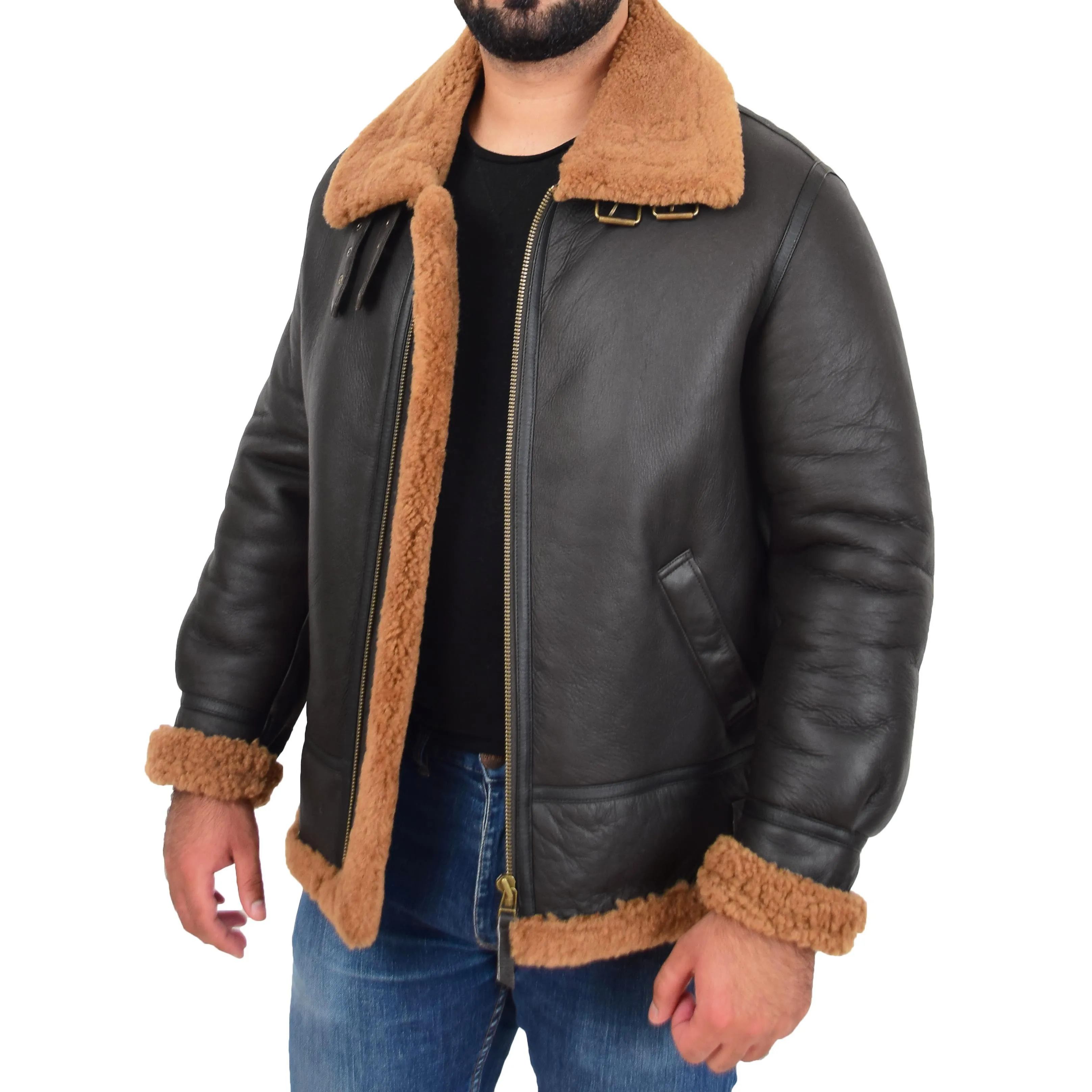 Genuine Sheepskin Flying Jacket For Men B3 Bomber Shearling Coat Thunder Brown/Ginger