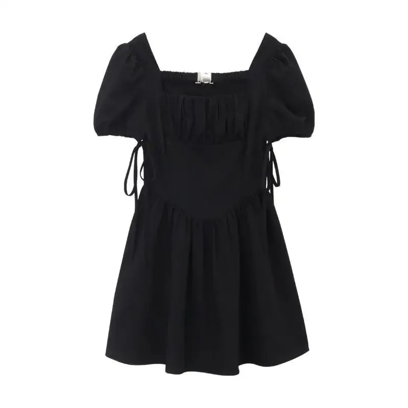 Gothic Black Mini Dress Women Goth Bandage Wrap Puff Sleeve Riched Short Dresses Slim Sweet Square Collar Robe Summer