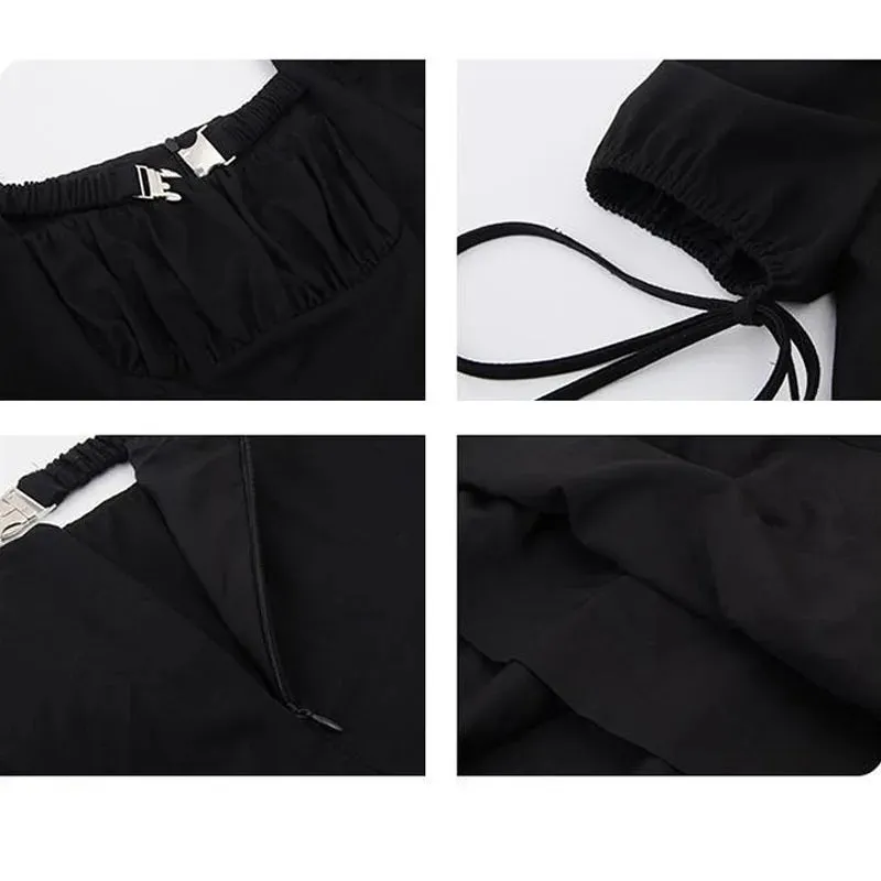 Gothic Black Mini Dress Women Goth Bandage Wrap Puff Sleeve Riched Short Dresses Slim Sweet Square Collar Robe Summer