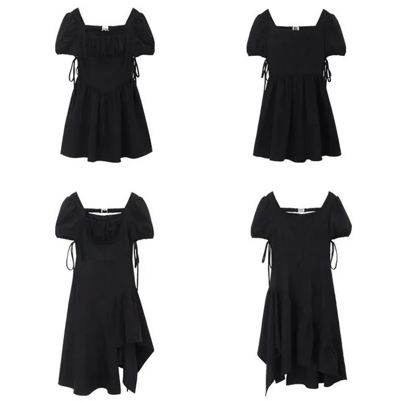 Gothic Black Mini Dress Women Goth Bandage Wrap Puff Sleeve Riched Short Dresses Slim Sweet Square Collar Robe Summer