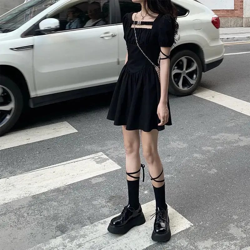 Gothic Black Mini Dress Women Goth Bandage Wrap Puff Sleeve Riched Short Dresses Slim Sweet Square Collar Robe Summer