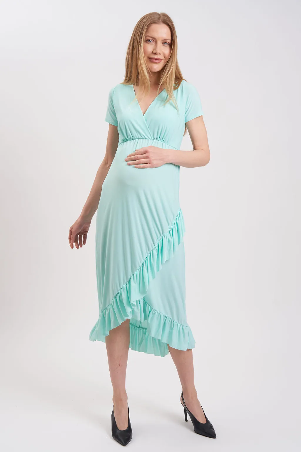 Hi-Lo Frill Detail Maternity/Nursing Midi dress