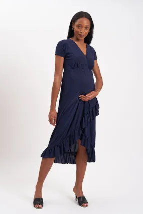 Hi-Lo Frill Detail Maternity/Nursing Midi dress