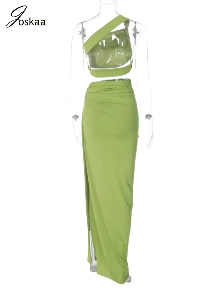Joskaa Elegant Solid 2 Piece Sets Women Outfit Sexy Pleated Vests and Bandage Split Maxi Skirt Matching 2024 Vacation Beachwear
