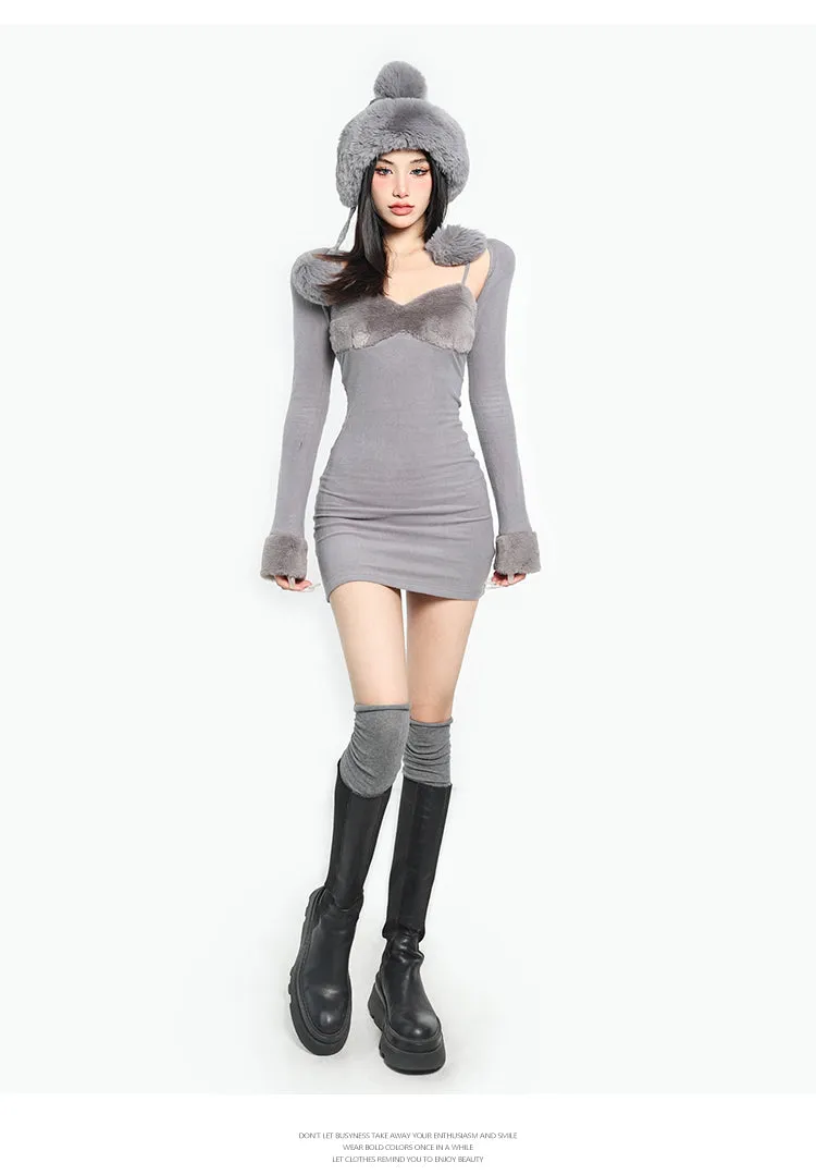 Joyce Solid Color Faux Fur Patchwork Two Piece Long Sleeve Spaghetti Strap Slim Mini Dress