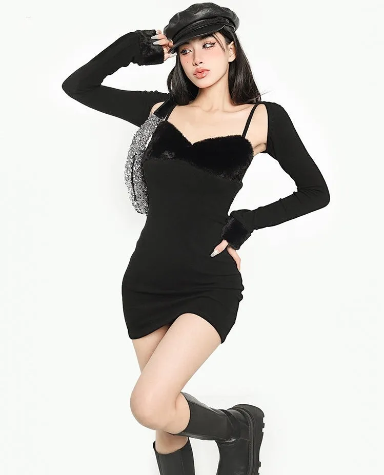 Joyce Solid Color Faux Fur Patchwork Two Piece Long Sleeve Spaghetti Strap Slim Mini Dress