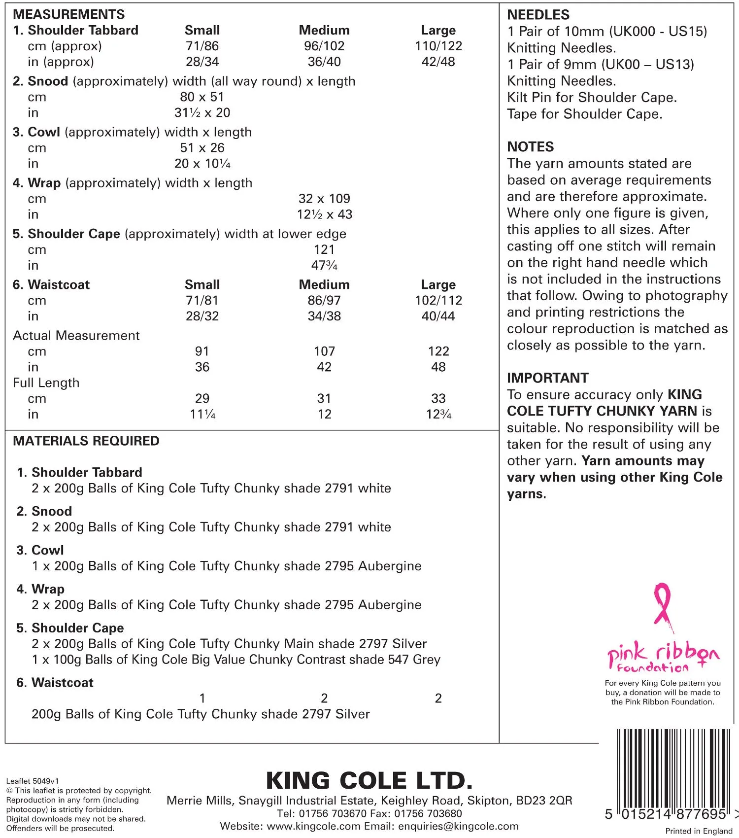 King Cole Tufty Chunky Knitting Pattern - Ladies Winter Accessories (5048)