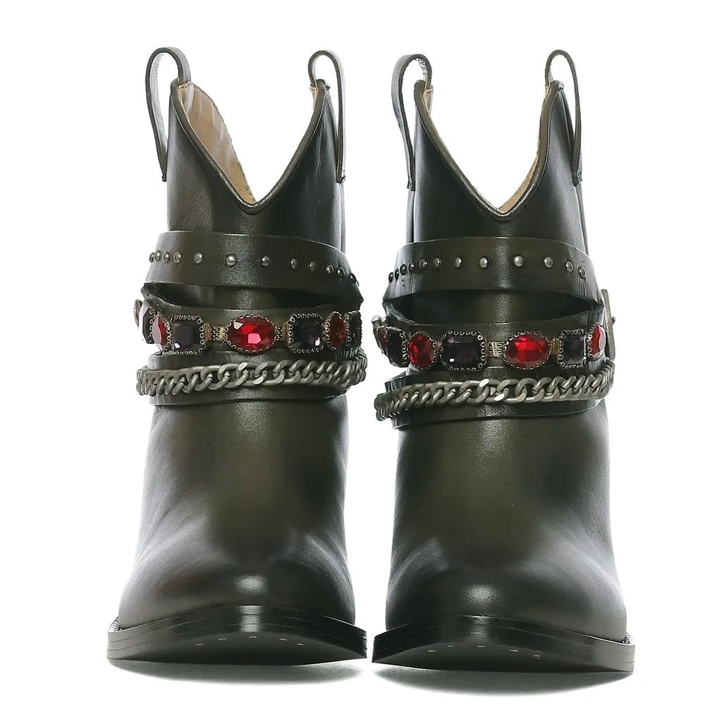 Louanne Olive Leather Rhinestone Studded Décor Boots