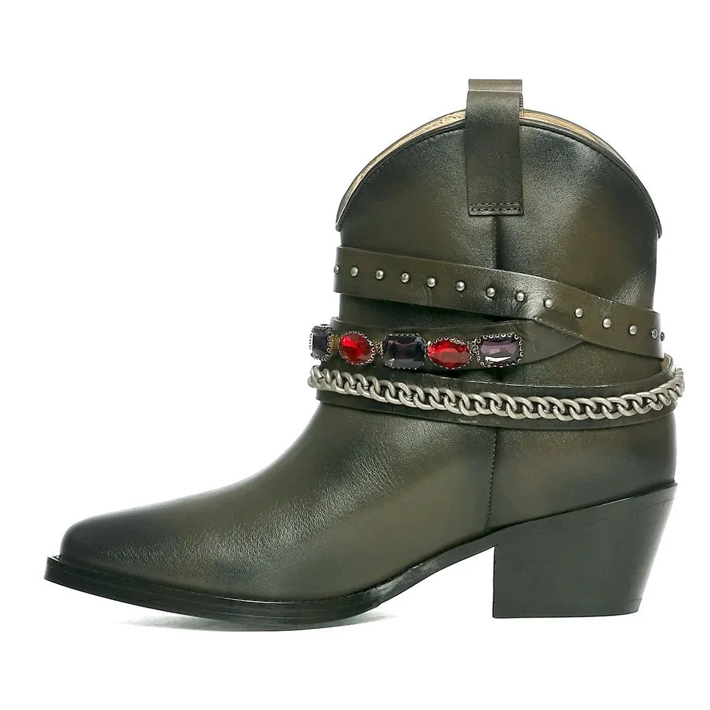Louanne Olive Leather Rhinestone Studded Décor Boots