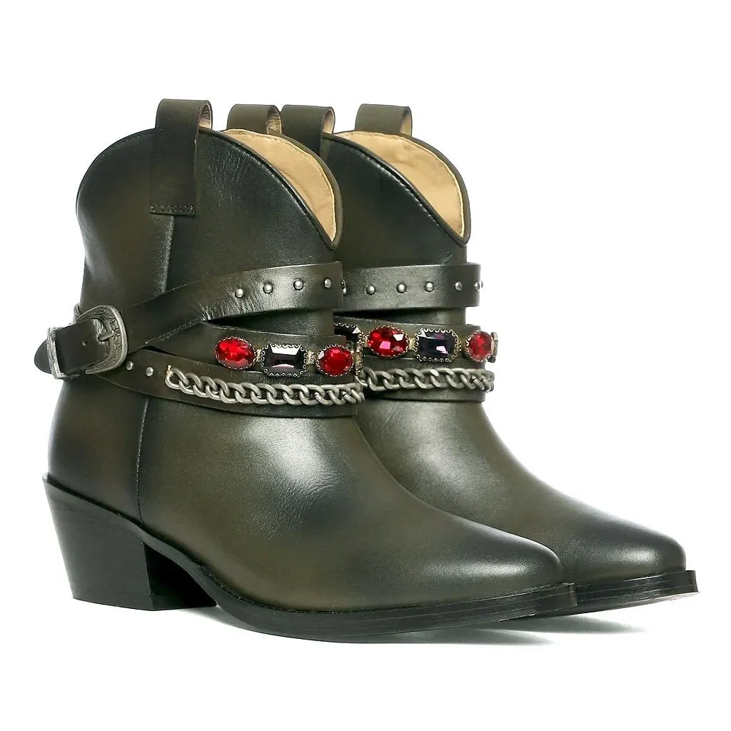 Louanne Olive Leather Rhinestone Studded Décor Boots