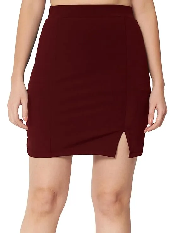 Mehrang Women's Knee Length Formal Pencil Mini Skirt with Elastic Waist Band and Slit, Girl's/Women's Classic Stretchy Trendy Skater Pencil Knee Length Skirts