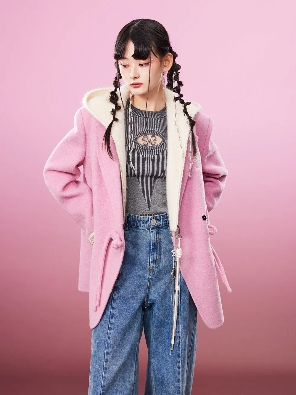 MUKZIN Gray/Pink Lively Double-faced Woolen Coat