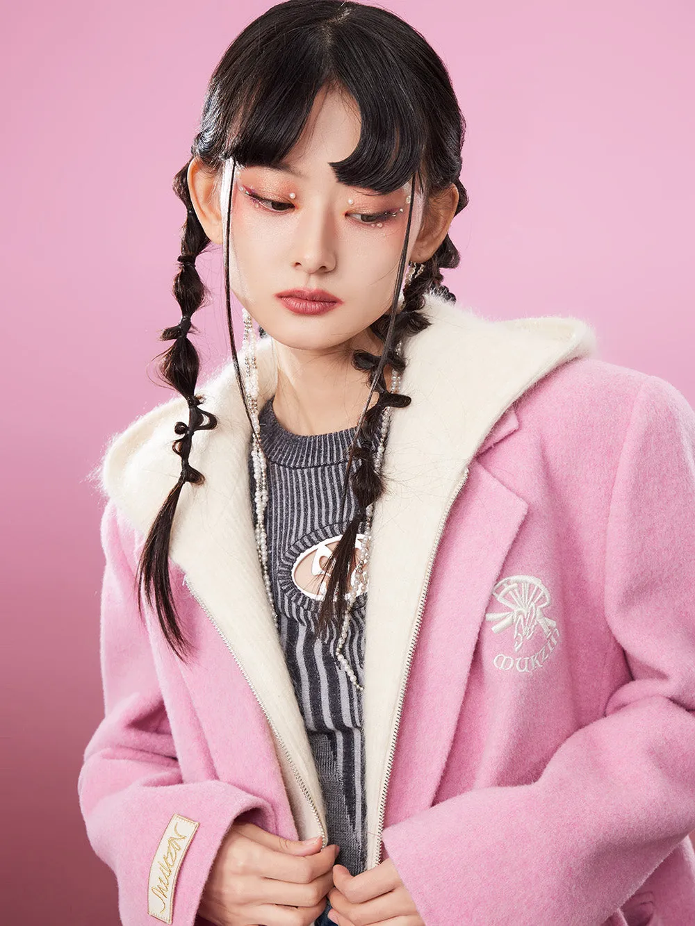 MUKZIN Gray/Pink Lively Double-faced Woolen Coat