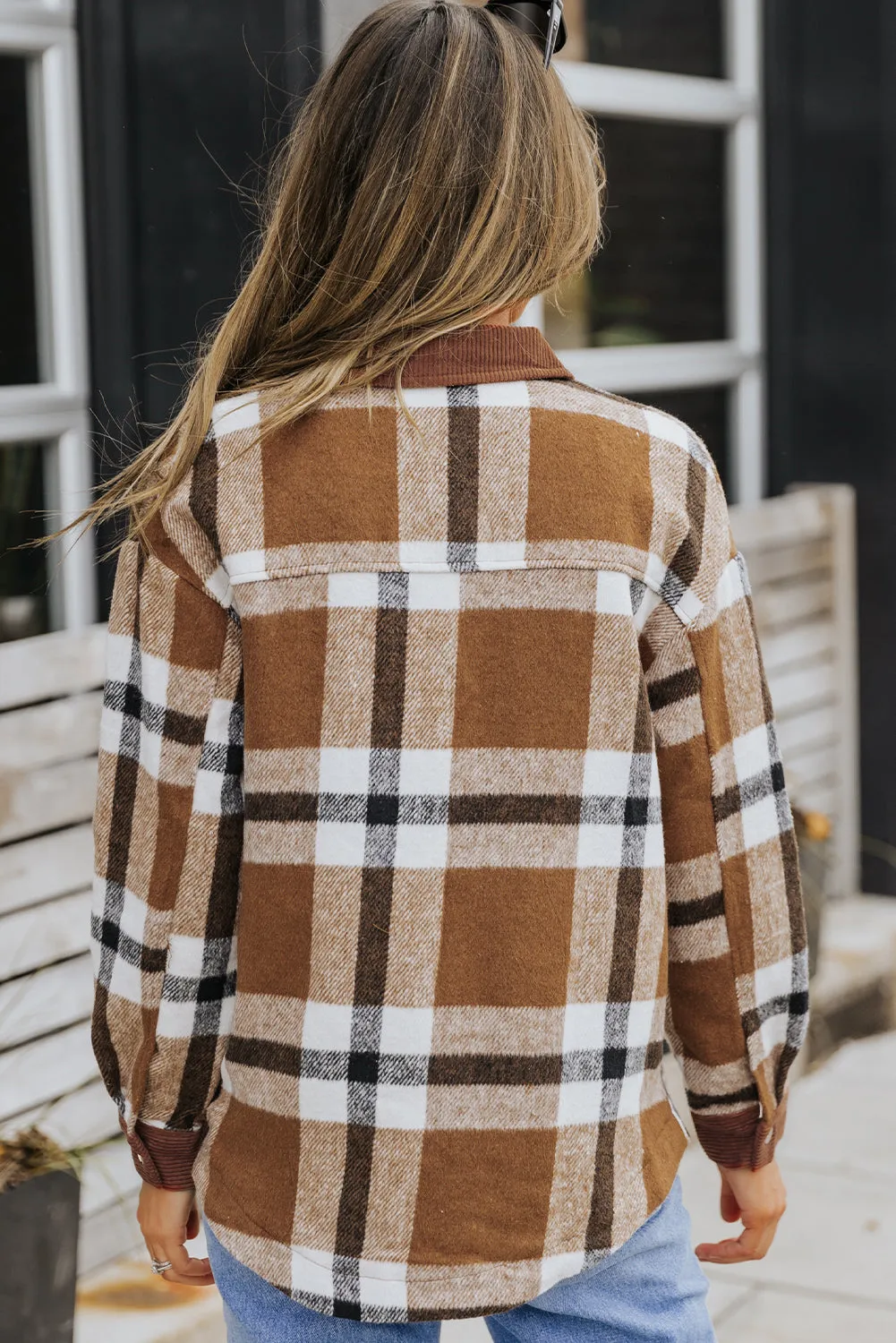 Pocketed Buttoned Plaid Shirt Jacket
