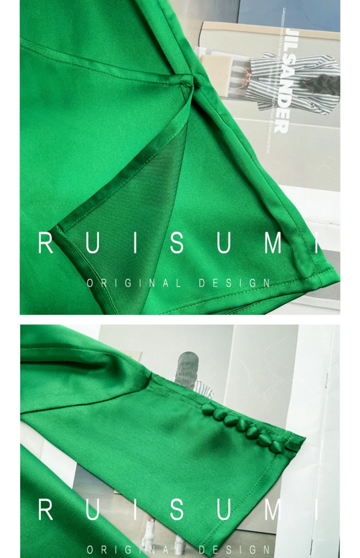 Retro jewel green V-neck shirt top   pencil slit pleated purple skirt suit set - Natu