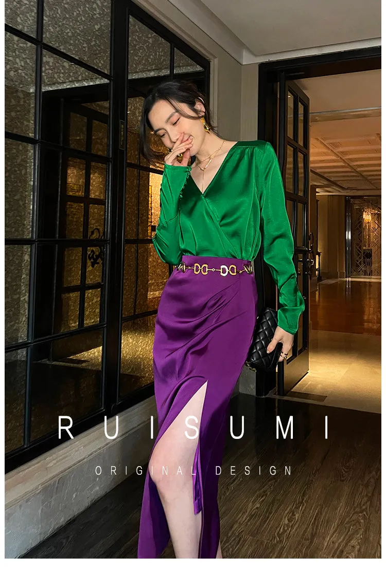Retro jewel green V-neck shirt top   pencil slit pleated purple skirt suit set - Natu