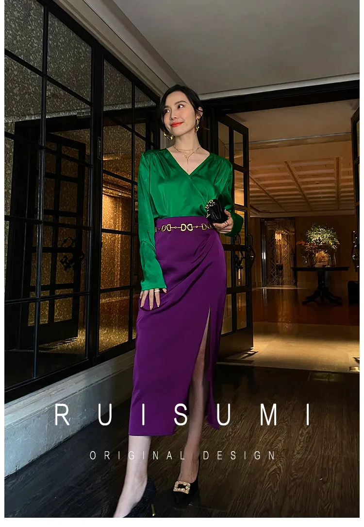 Retro jewel green V-neck shirt top   pencil slit pleated purple skirt suit set - Natu