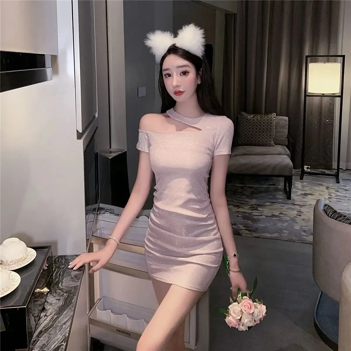 Sexy Strapless Off Shoulder Backless Mini Dress Shiny Bodycon Slim Night Club Party Slim Wrap Short Dresses