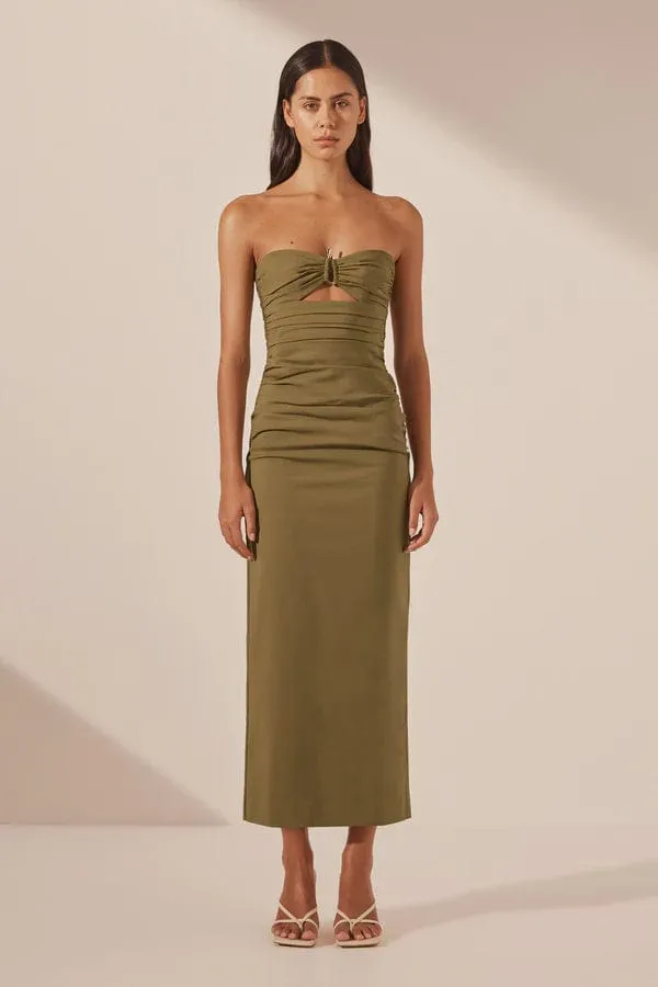 Shona Joy | Lani Strapless Gathered Midi Dress - Army Green