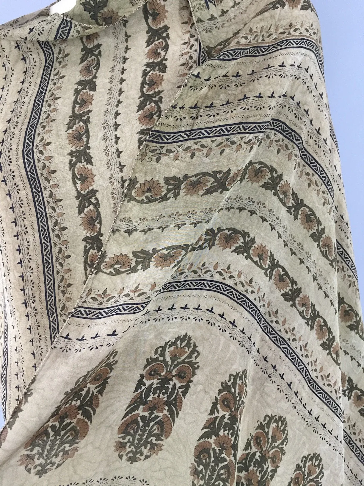 Silk Sari Scarf / Vintage Indian Silk Sari / Khaki Brown Floral
