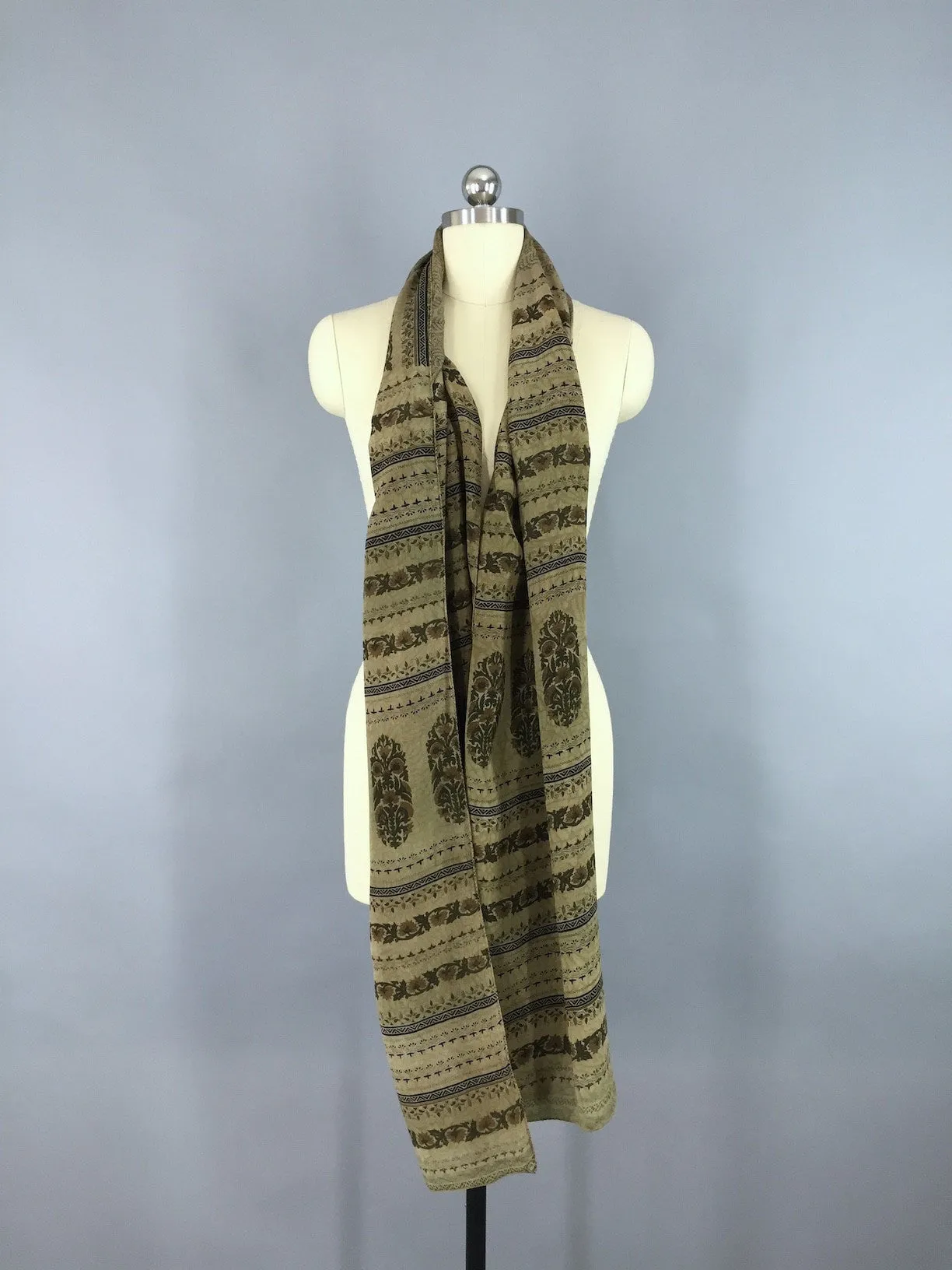 Silk Sari Scarf / Vintage Indian Silk Sari / Khaki Brown Floral