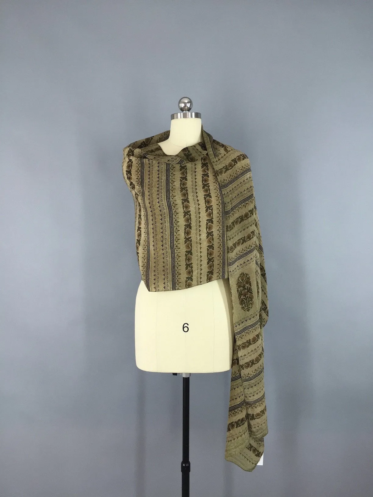 Silk Sari Scarf / Vintage Indian Silk Sari / Khaki Brown Floral